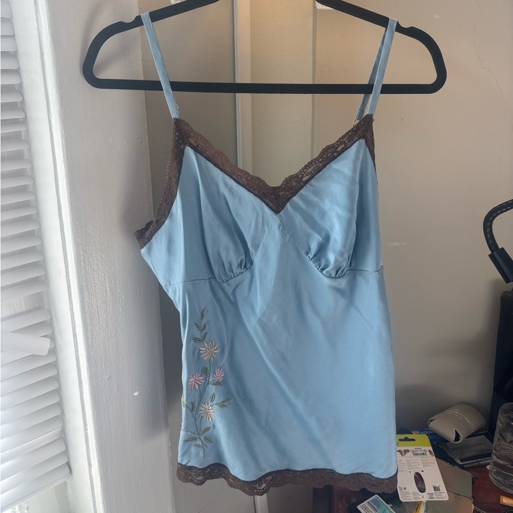 Light Blue Satin Slip Dress with Brown Lace Trim